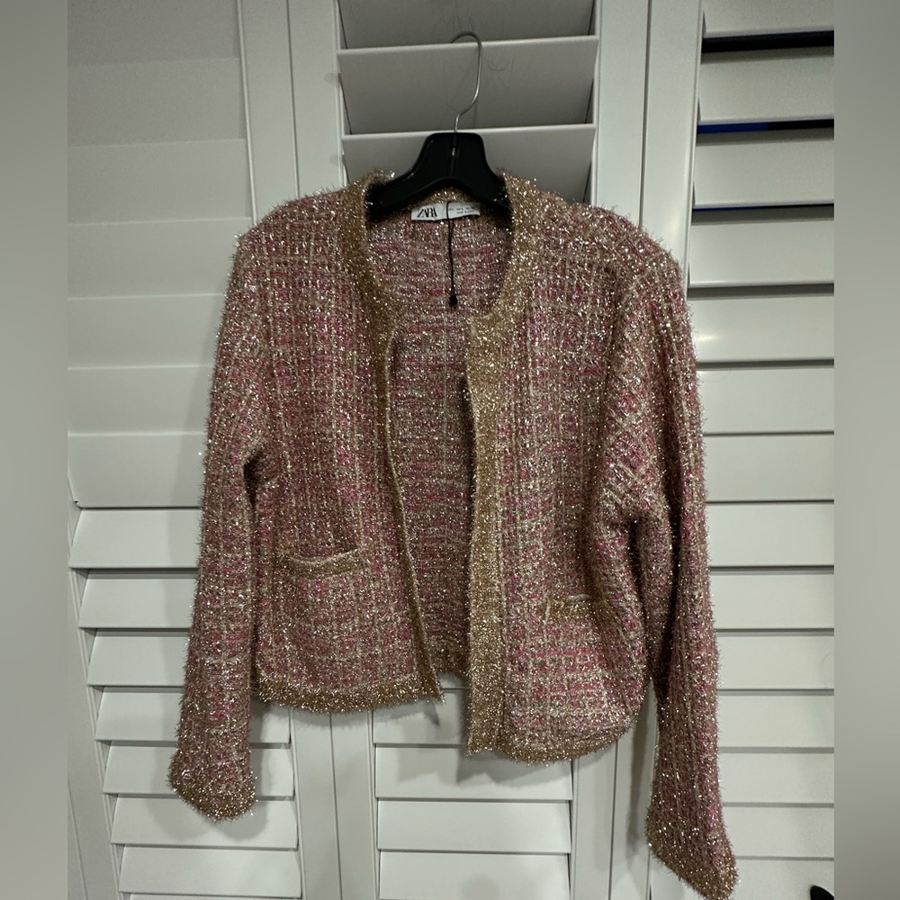 Zara Pink and Gold metallic Tweed sweater Jacket